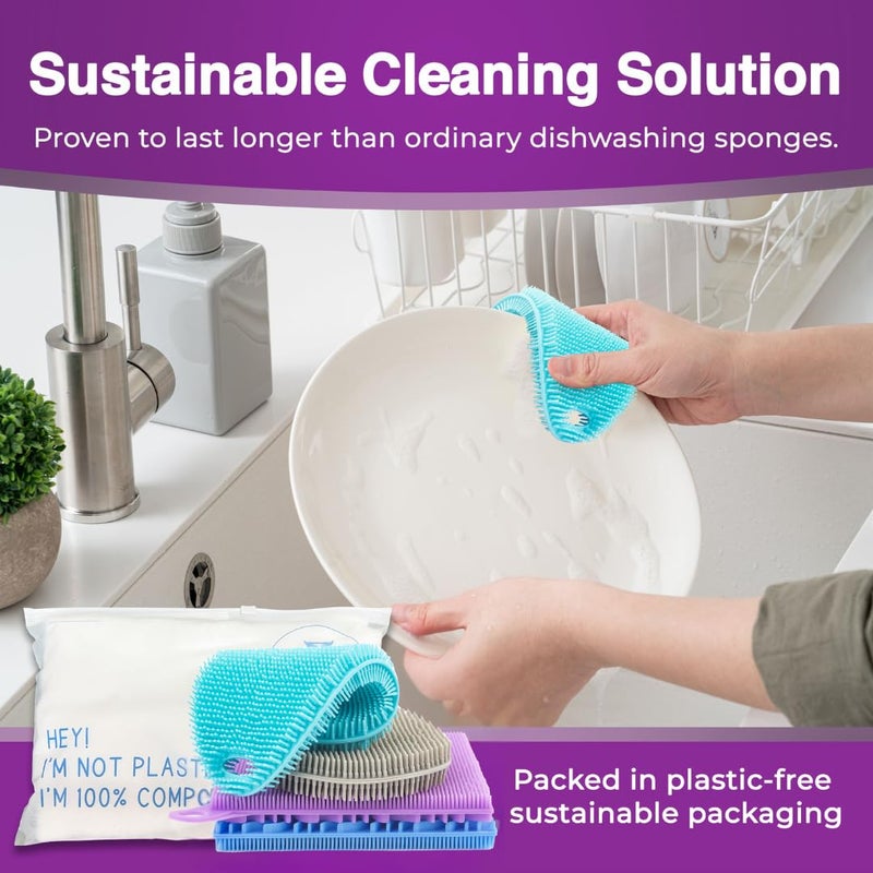 Asiopphire Silicone Sponges for Dishes - 4 Pack Dual-Sided Dish Scrubber and Sponge - Food Grade, BPA Free Silicone Dish Sponge & Housecleaning - Image 5
